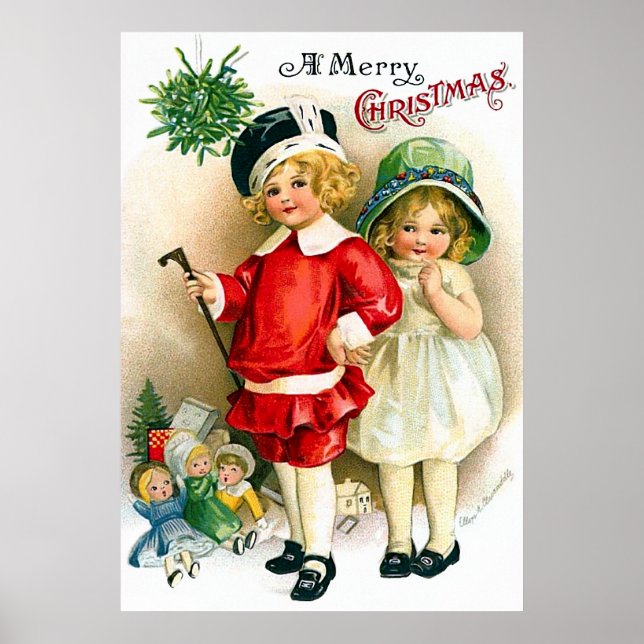 Poster Ellen H. Clapsaddle : Garçon et fille avec jouets (Devant)
