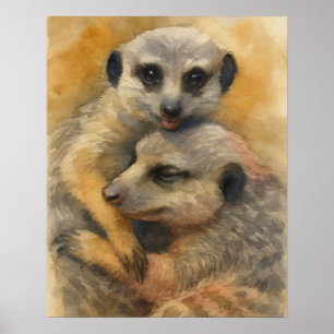 Poster Embrassage calme - Aquarelle Meerkat Pair