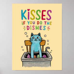 Poster Embrasse si tu fais la vaisselle mignonne chat lav