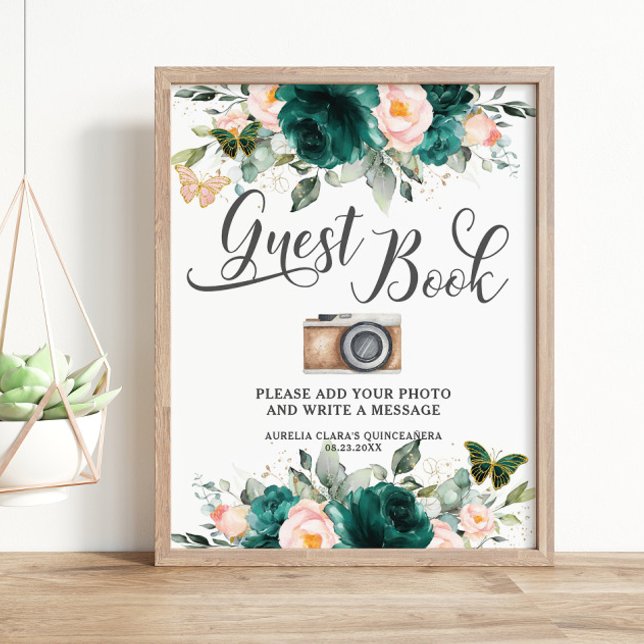Poster Emerald Green Blush Floral Invité Réserver Symbole (Créateur téléchargé)
