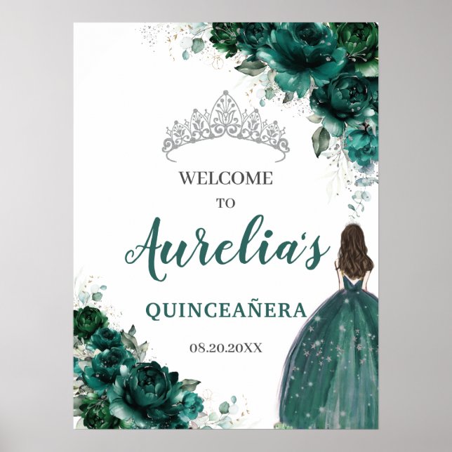 Poster Emerald Green Floral Argent Quinceañera Bienvenue (Devant)