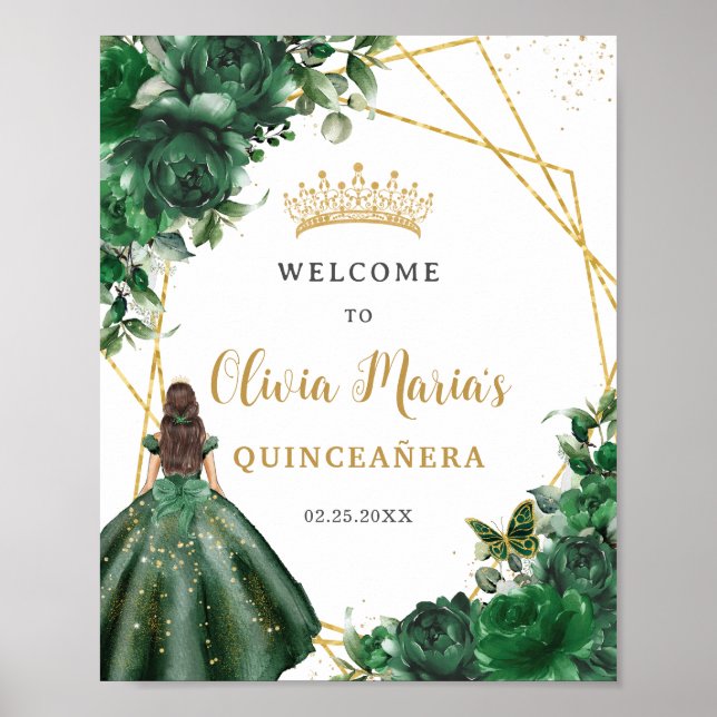 Poster Emerald Green Floral Princess Quinceañera Bienvenu (Devant)
