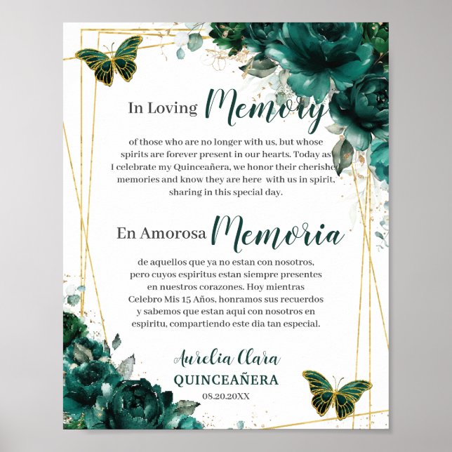 Poster Emerald Green Floral Quinceanera In Loving Memory (Devant)