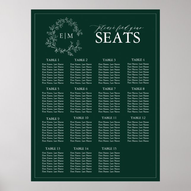 Poster Emerald Green Leafy Crest Monogram Mariage (Devant)