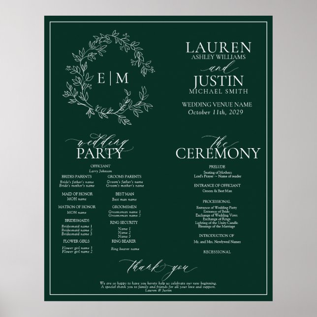 Poster Emerald Green Leafy Crest Monogramme Programme de  (Devant)