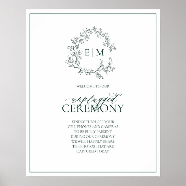 Poster Emerald Green Leafy Monogram Unplugged Mariage (Devant)