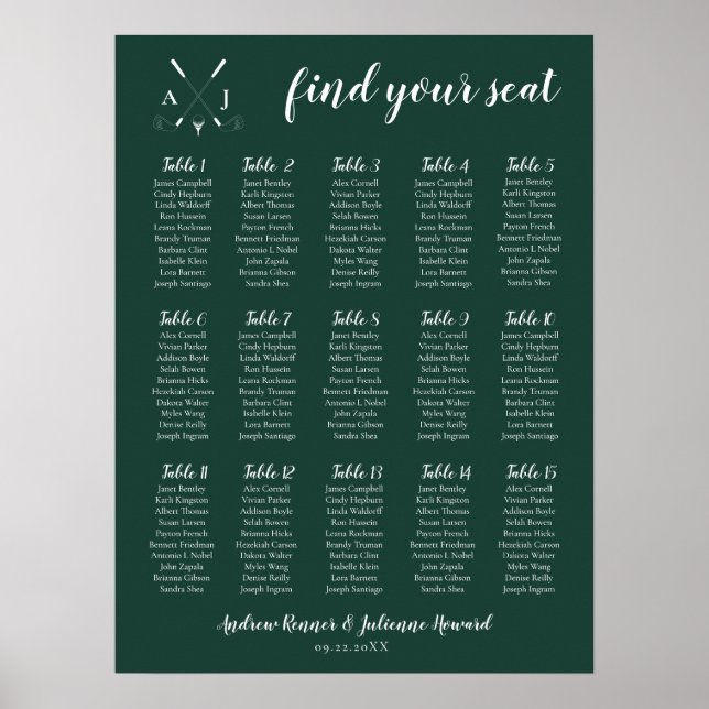 Poster Emerald Green Moderne Monogram Mariage de golf (Devant)