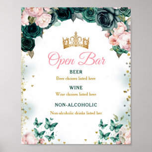 Poster Emerald Green Quinceañera Open Bar Rose Floral