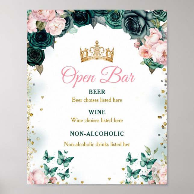 Poster Emerald Green Quinceañera Open Bar Rose Floral (Devant)
