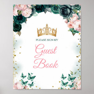 Poster Emerald Green Quinceañera Pink Floral livre d'hôte