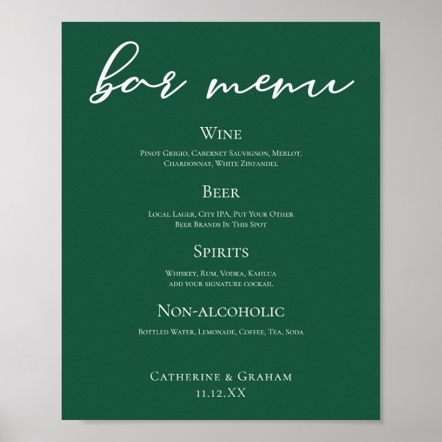 Poster Emerald Green Typography Mariage de la forêt Menu (Devant)