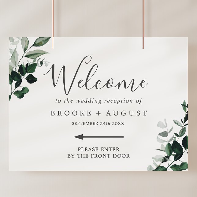 Poster Emerald Greenery Accueil Mariage directionnel gauc (Emerald Greenery Left Directional Wedding Welcome Poster)