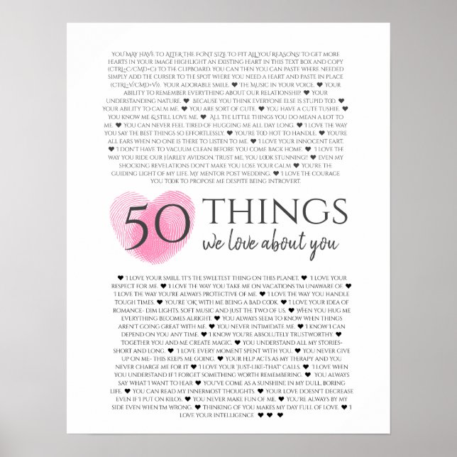 Poster empreintes digitales sur coeur rose 50 raisons Je  (Devant)