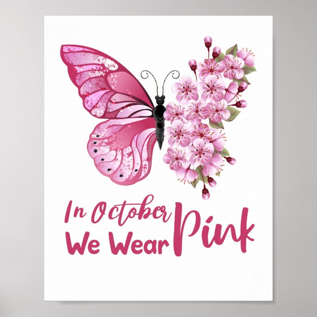 Poster En octobre nous portons papillon rose floral migno (Devant)
