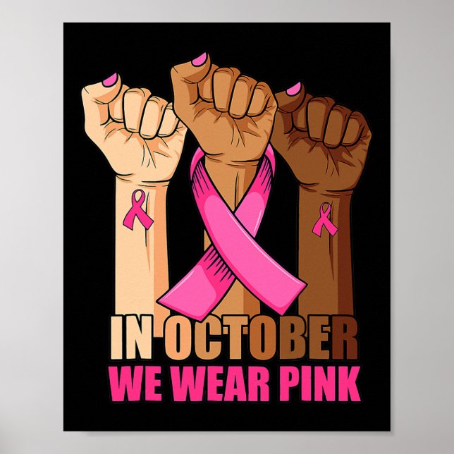 Poster En Octobre Nous Portons Rose Hausse La Main Cancer (Devant)