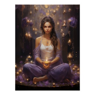 Poster En Paix Méditant Yoga Girl, Cristaux Améthyste