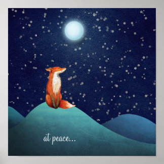 Poster en paix ~ Renard charmant assis sous une Pleine lu