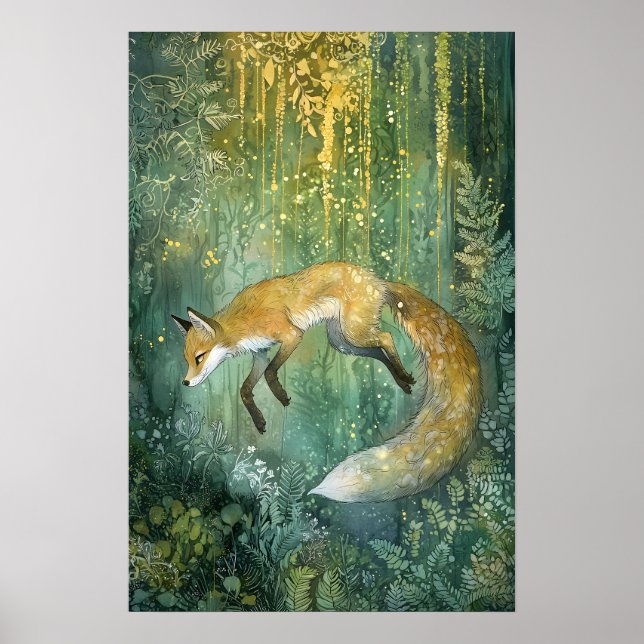 Poster Enchanted Emerald Forest Magique Fox Art (Devant)