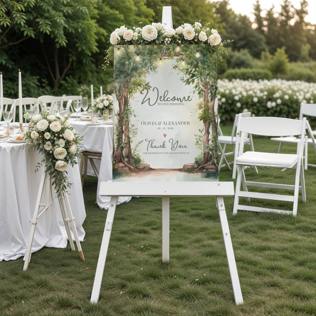 Poster Enchanted Garden String Lights Wedding Welcome (Enchanted Garden String Lights Wedding Welcome Sign | Rustic Outdoor Wedding Welcome Poster)