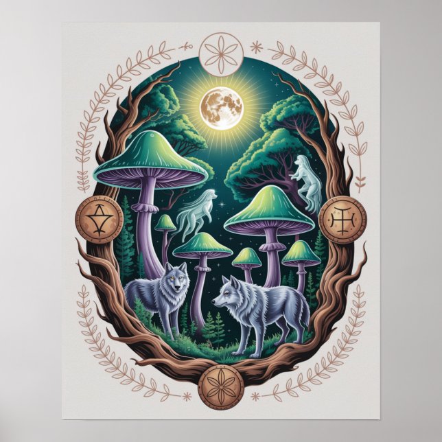 Poster Enchanted Moonlit Wolves and Psychedelic Mushrooms (Devant)
