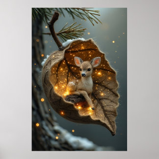 Poster 🦌 Enchanted Winter Fawn – Glowing Leaf Cocoon