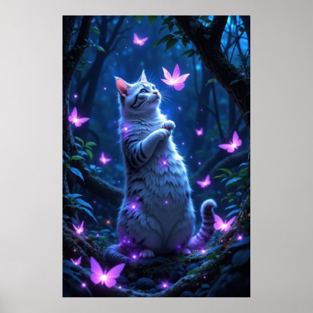 Poster Enchanting kitten in a magical forest with glowing (Devant)