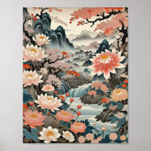 Poster Encre sur papier de riz paysage traditionnel japon