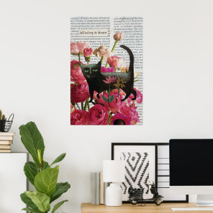 Poster Endormez-vous pour rêver Chat noir Fleurs roses ch