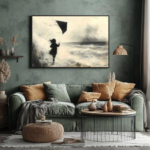 Poster Enfant avec cerf-volant au bord de la mer dans l'a