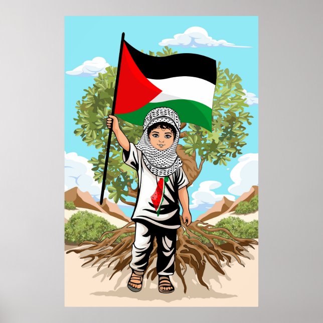 Poster Enfant avec Keffiyeh Palestine Drapeau et olivier (Devant)