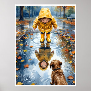 Poster Enfant dans une flaque d'imperméable jaune avec ch
