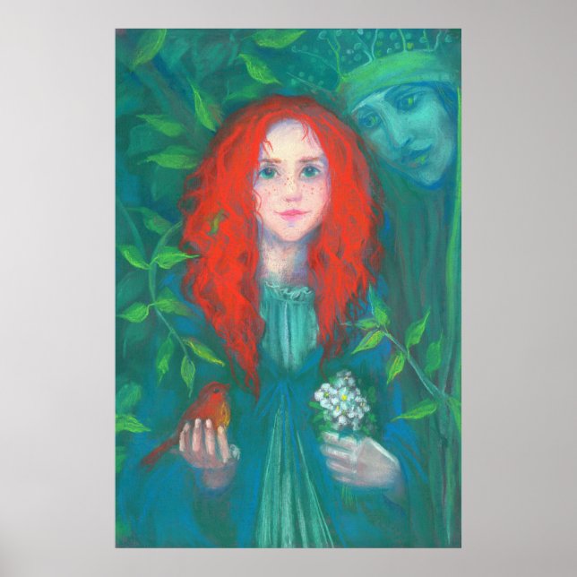 Poster Enfant de la Forêt, fille roux, teintes vertes (Devant)