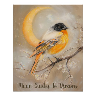 Poster Enfant d'oiseau Oriole dormant sur Lune