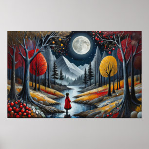 Poster Enfant en manteau rouge explorant une forêt fantai
