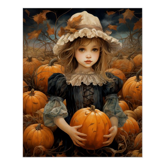 Poster Enfant Mignonne Tenant Une Automne Citrouille Auto (Devant)