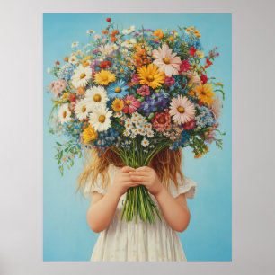 Poster Enfant tenant un bouquet Fleur sauvage luxuriant