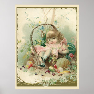 Poster Enfant victorien vintage, Panier de fruits de prin