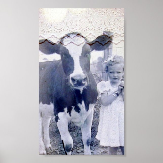 Poster Enfant vintage et vache (Devant)