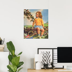 Poster Enfant vintage, Fille observant les oiseaux dans l