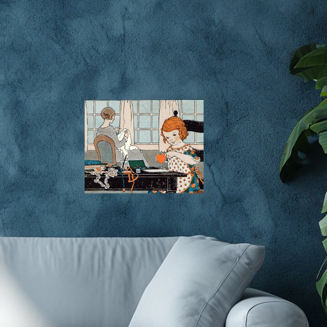 Poster Enfant Vintage Fille Saint-Valentin pour Mère (Little red haired girl making paper hearts for mother sitting in chair sewing on wall art poster.)