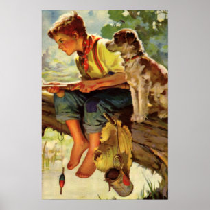 Poster Enfant vintage, Pêche avec son chien animal de com
