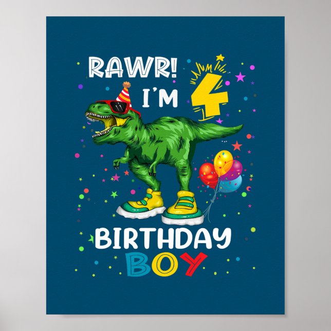 Poster Enfants 4 ans 4e anniversaire garçon T Rex Dinosau (Devant)