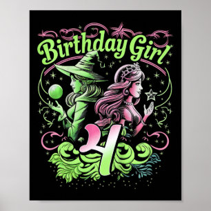 Poster Enfants 4e Anniversaire Sorcière rose et vert 4 An