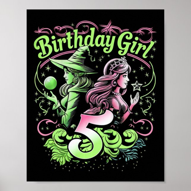 Poster Enfants 5e Anniversaire Sorcière rose et verte 5 A (Devant)