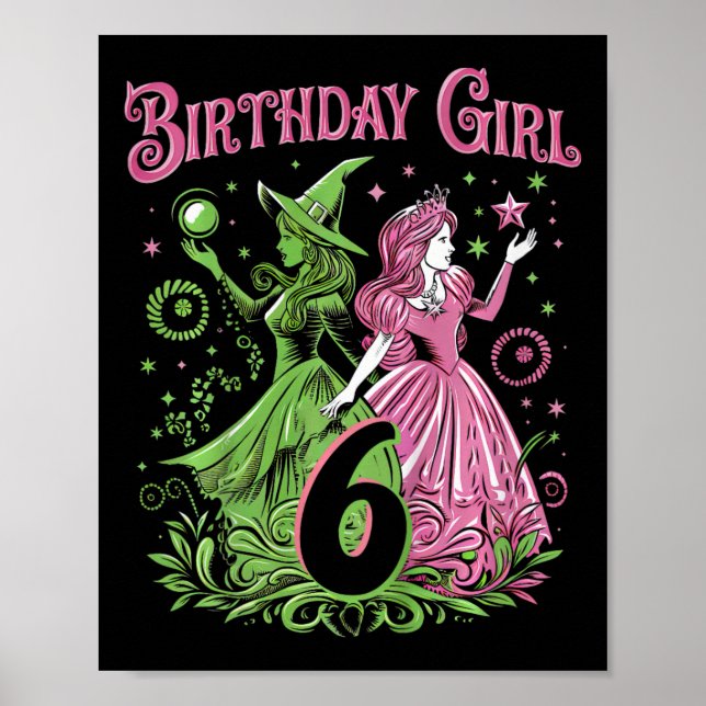 Poster Enfants 6e Anniversaire Sorcière rose et verte 6 A (Devant)