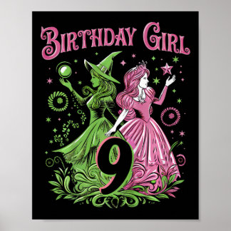 Poster Enfants 9e Anniversaire Sorcière rose et verte 9 A