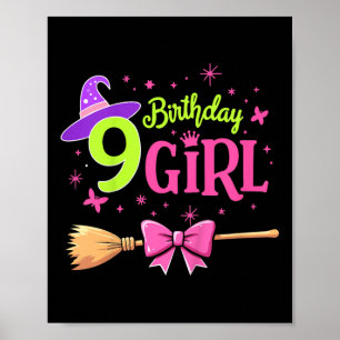 Poster Enfants 9e Anniversaire Sorcière rose et verte 9 A