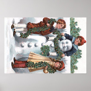 Poster Enfants accrochant Holly Garland Snowman