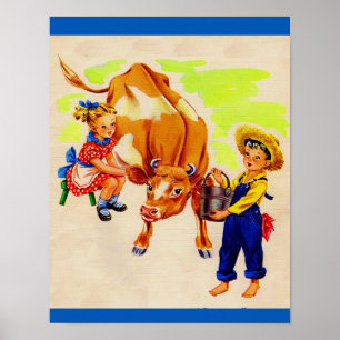 Poster enfants adorables avec une vache adorable