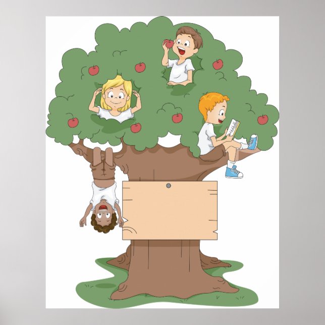 Poster Enfants amusants jouant dans l'arbre Apple (Devant)